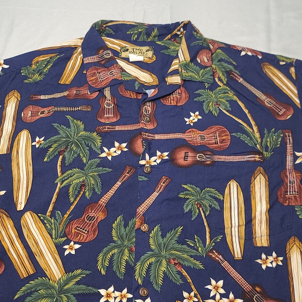 Two Palms Hawaiian Shirt Men XL Blue Ukulele Surfboard‎ Rayon Aloha Button Up